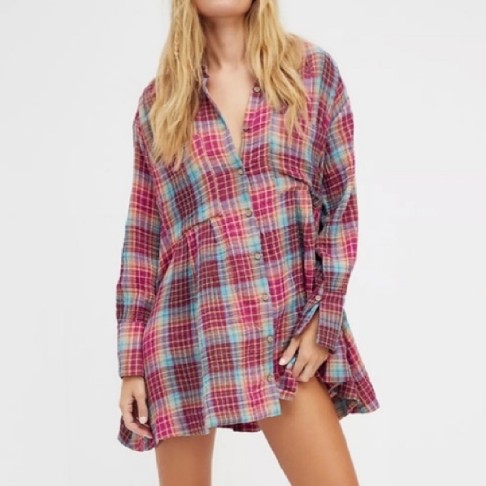 Free People Voyager Plaid Shirt Dress Shiftdress Raisin Small